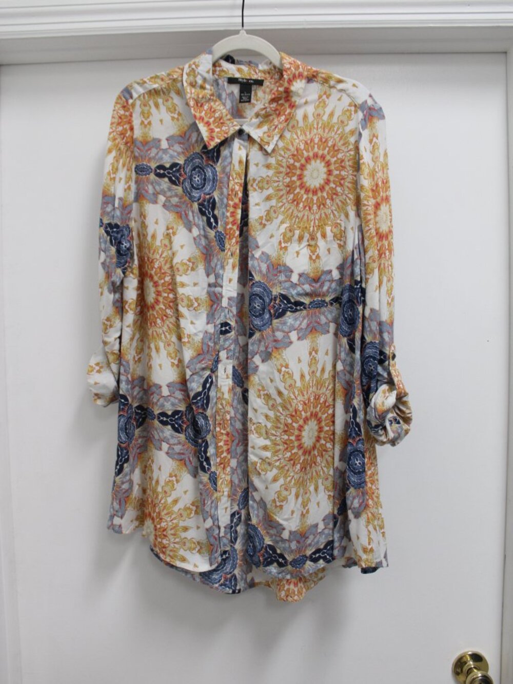 Style & Co. Boho Mandala Rayon Button Down Tunic Shirt Roll Tab Sleeve Large